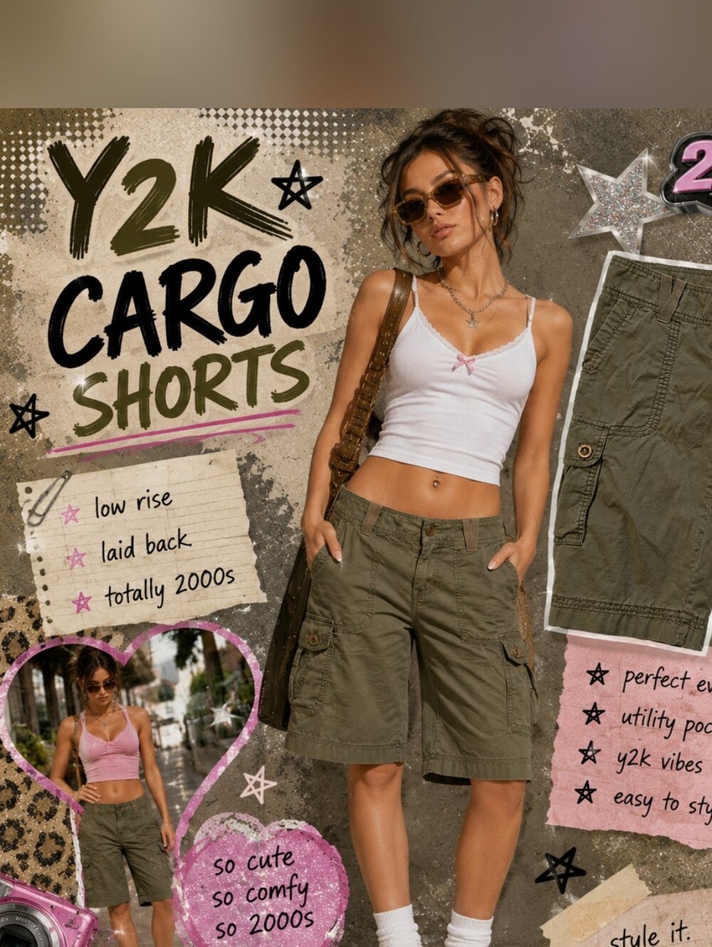 Roxy Y2K Olive Green Cargo Shorts